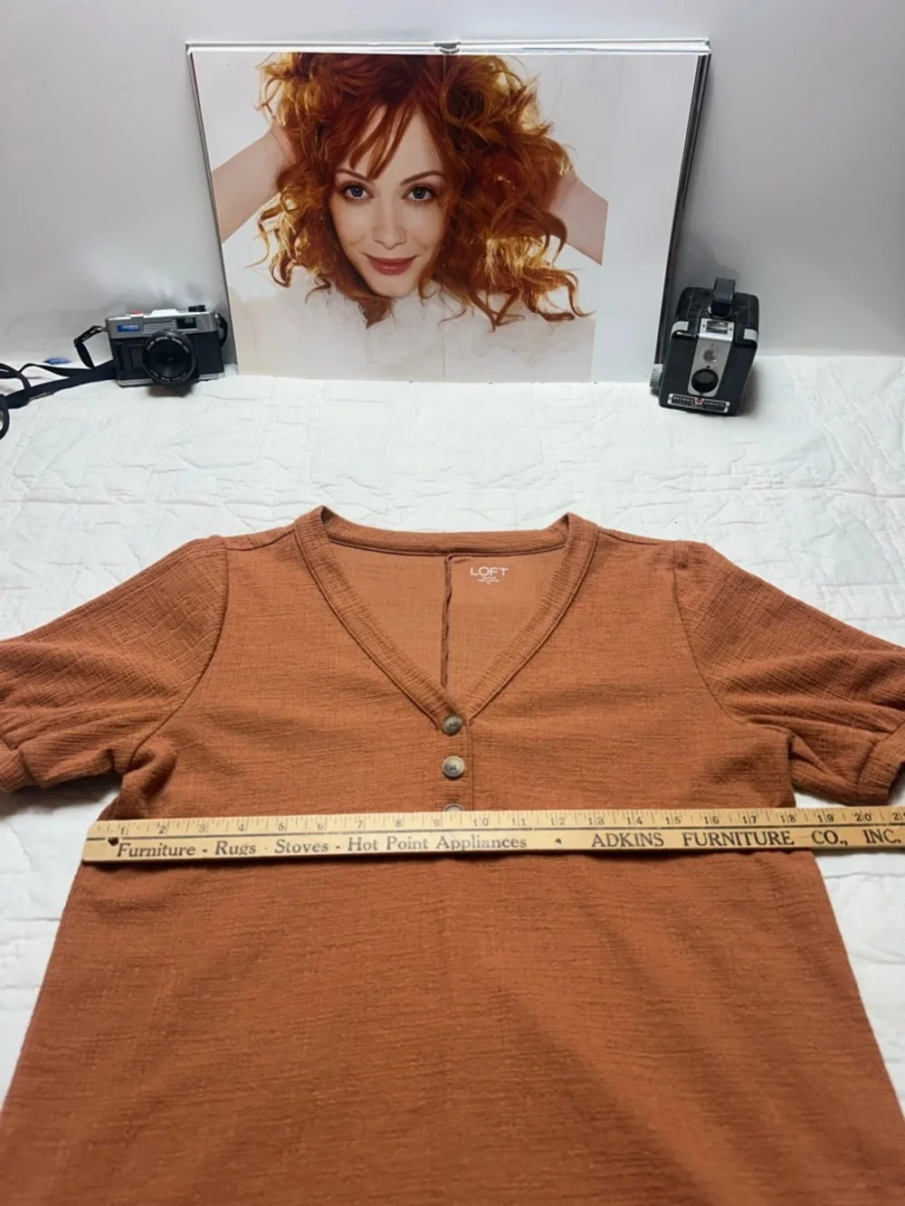 LOFT Rust Brown Textured Knit Henley Top Short Sleeve V Neck Medium - Picture 5 of 10